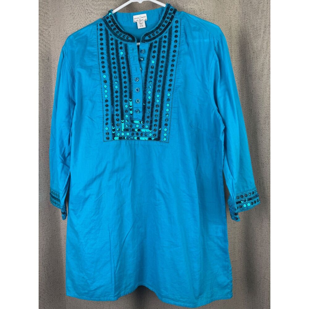 Jaclyn Smith Womens Sequin Embellished Tunic Top Size XL Turquoise - Picture 2 of 7